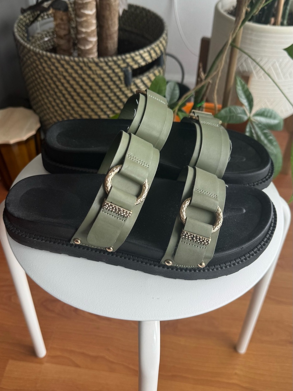 Olive Green Double-Strap Slide Sandals with Gold Accents